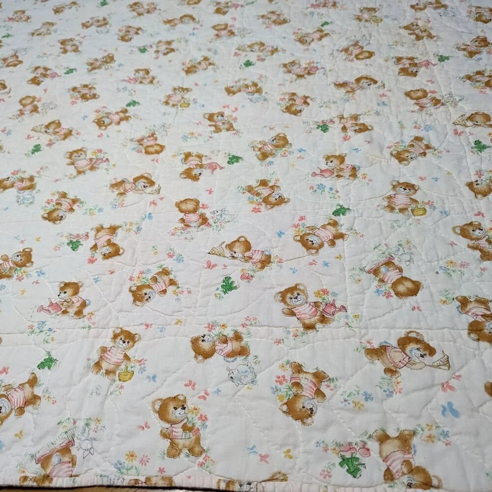 Vintage Hand Stitched Baby Crib Quilt Color Block Bears Gender Neutral 37x61